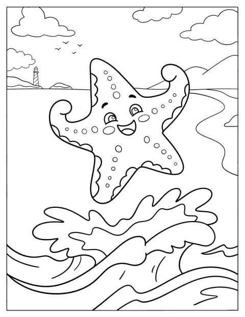 Een vrolijke zeester springt hoog uit het water.