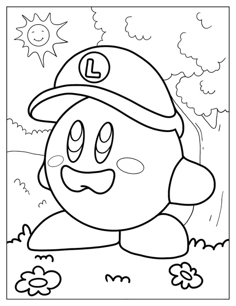 Kirby är klädd som Luigi från Super Mario.