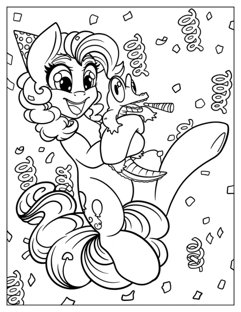 Oslavenkyně Pinkie Pie objímá ještěrku.