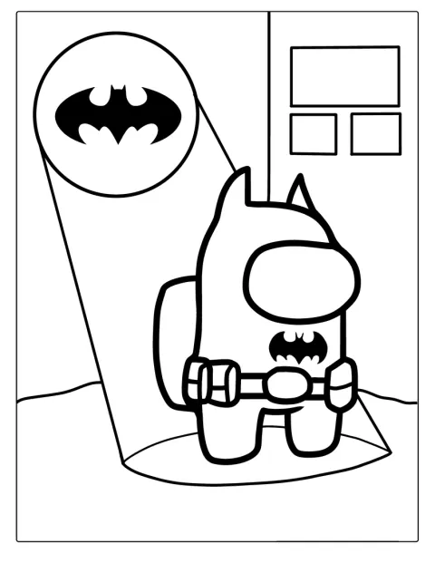 Uma personagem de Among Us vestida de Batman surge junto ao Bat-Sinal.