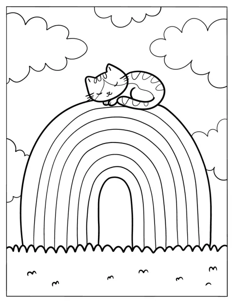 Um gatinho dorme tranquilamente no topo de um arco-íris.