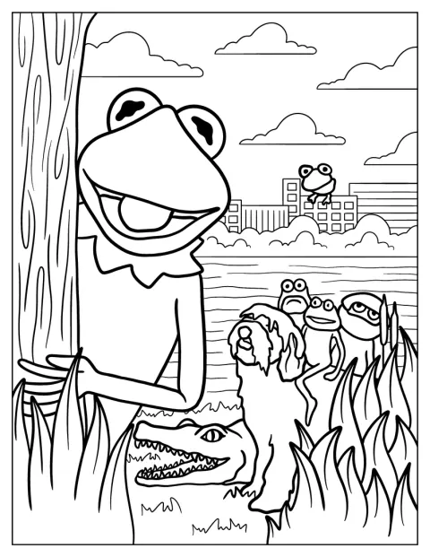 Kermit kigger frem bag et træ, mens andre Muppets står i nærheden.