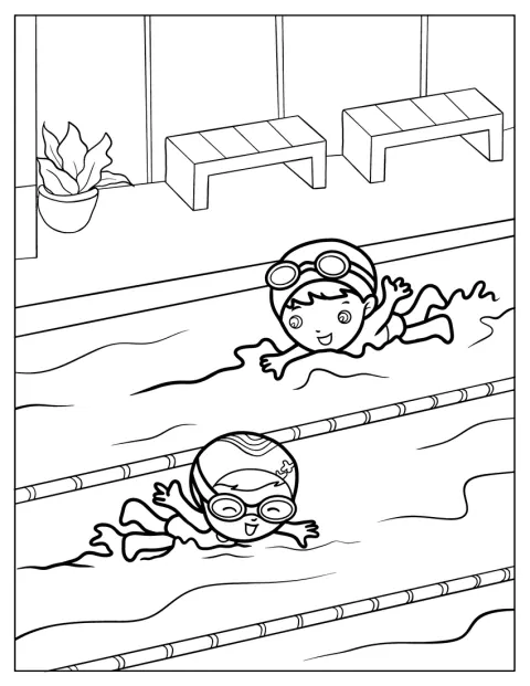 Dos niños de estilo kawaii nadan juntos en la piscina.