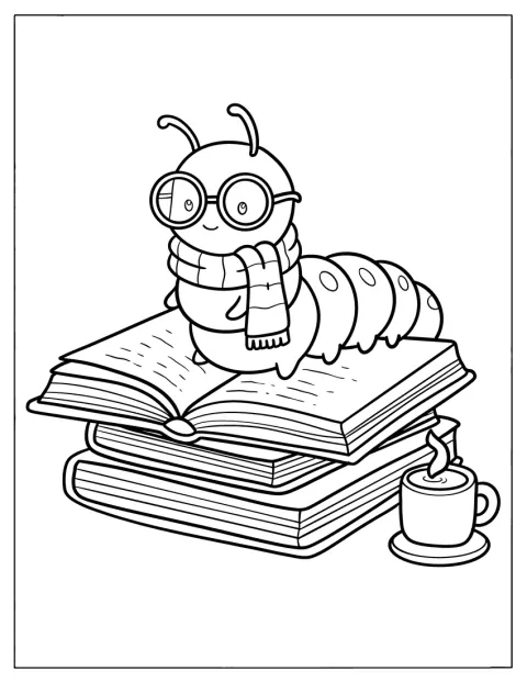 Caterpillar Coloring Page Reading on a Stack of Books with a Teacup