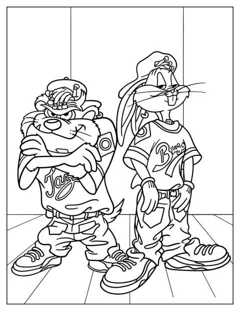 I baseballtøj står Snurre Snup og Taz sammen.