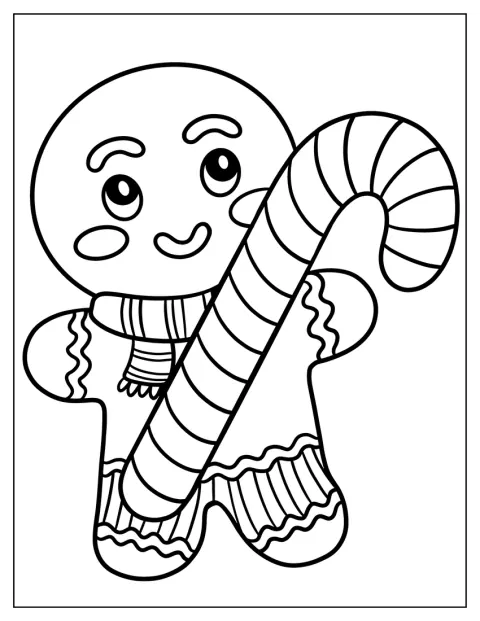 Simple Gingerbread Man Coloring Page in Sweater with Large Candy Cane For Kids