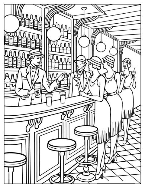 Flappers popíjejí v dobovém baru, zatímco za pultem obsluhuje barman.