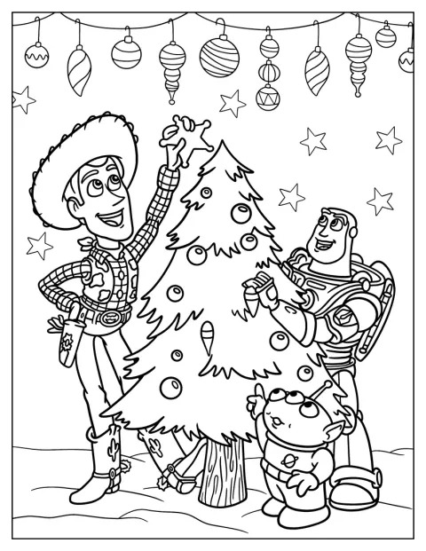 Woody și Buzz Lightyear decorează împreună un brad de Crăciun.