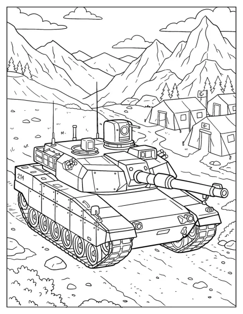 Un tanc militar se află într-o tabără de antrenament la munte.