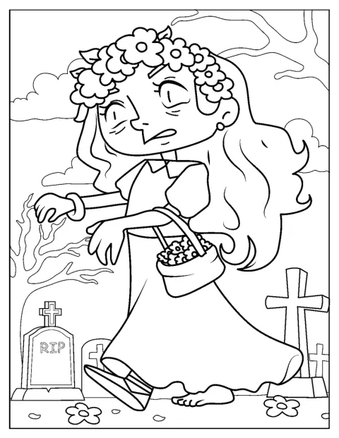 En zombiebrud håller en blombukett på Halloween.