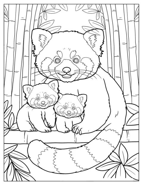 Een moederpanda zit met haar twee kleine welpen bij zich.