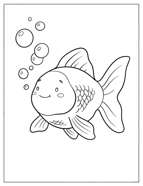 金魚が水中で口から小さな泡を吹いています。