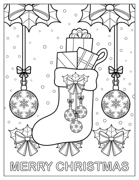 Vischio, nastri e palline decorano un'elegante calza di Natale.