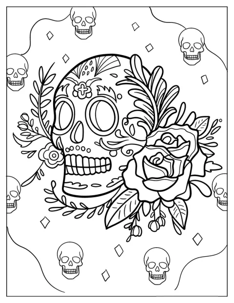 Sugar Skulls Coloring Page With Laurel Leaves And Roses