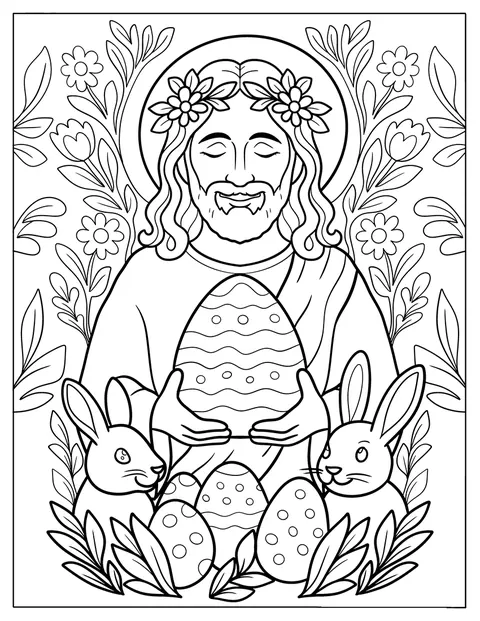 Umgeben von Hasen hält Jesus ein Osterei in den Händen.