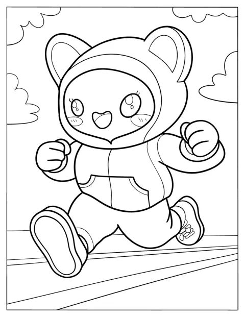 Un gatto kawaii sorridente corre con la coda sollevata.