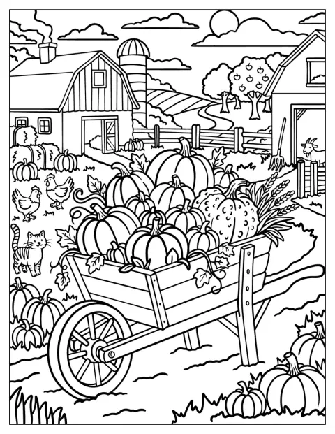 秋の畑で、収穫したかぼちゃを荷車に積んでいます。
