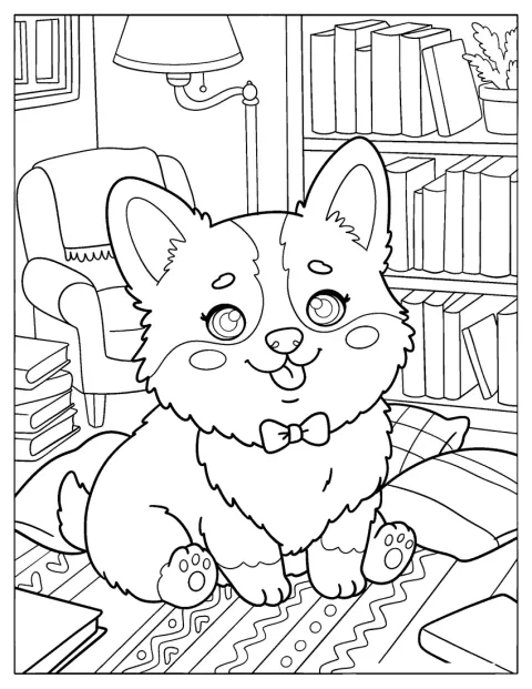 Un corgi est assis dans une bibliothèque confortable, entouré de livres.