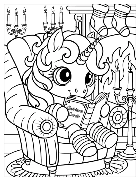 Een nerdy kerst-eenhoorn leest een boek in een fauteuil.