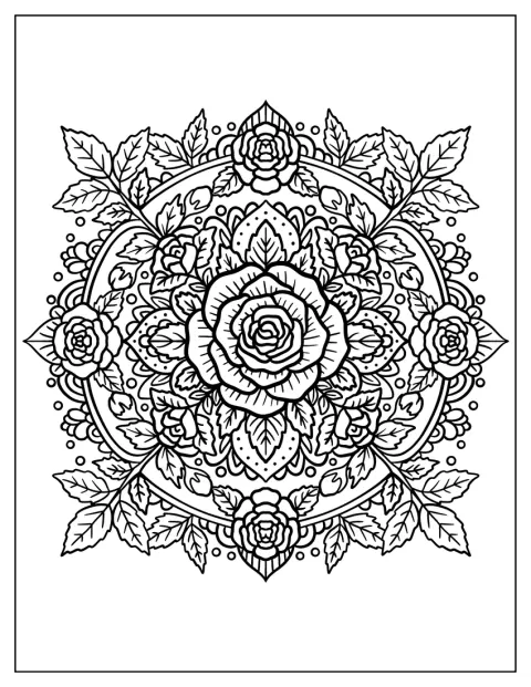 Eine kunstvolle Rose mit Blattmustern bildet ein detailreiches Mandala.