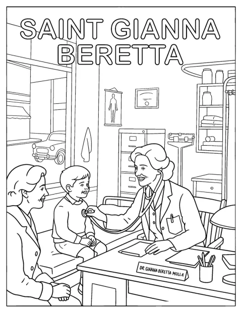 Santa Gianna Beretta Molla trata a varios pacientes en una consulta médica.