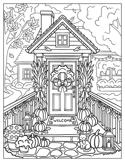Kürbisse und herbstliche Dekoration schmücken eine einladende Veranda.