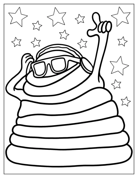 Blobby lleva auriculares y gafas de sol mientras posa con aire divertido.
