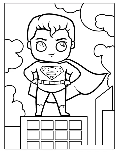 Superman staat in een eenvoudige omtrektekening met zijn handen op zijn heupen.