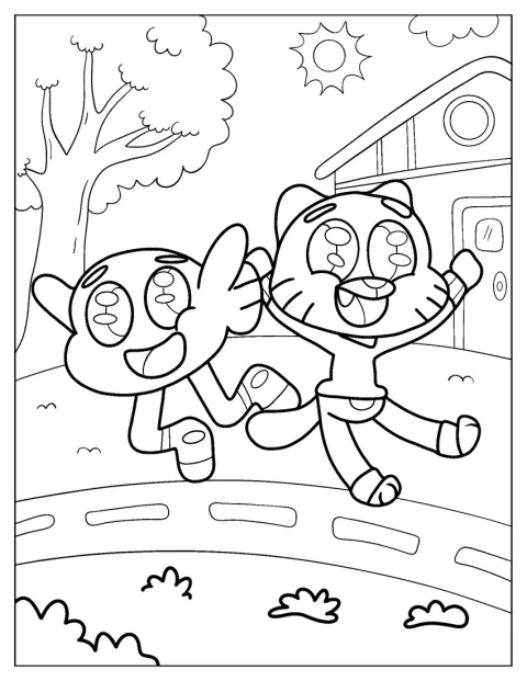 Gumball y Darwin dan un salto, llenos de alegría.