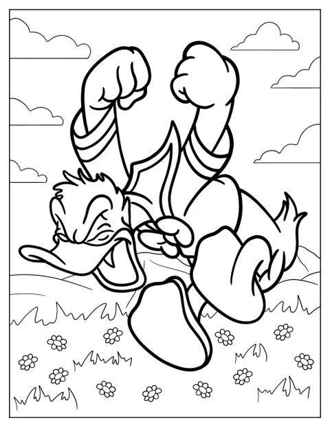 Donald Duck tramper og veiver med armene i sinne.