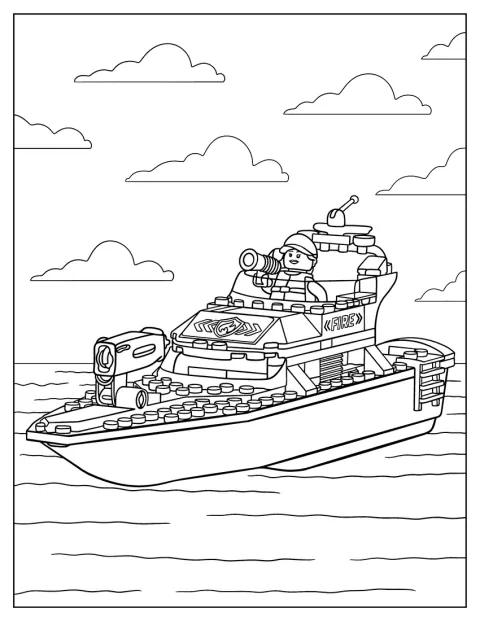 Un barco de rescate de LEGO City navega para combatir incendios.