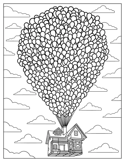 Una casa vola nel cielo sorretta da tantissimi palloncini.