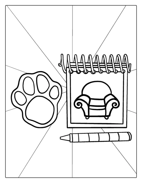 Il quaderno di Blue’s Clues è accompagnato da un pastello e un’impronta.