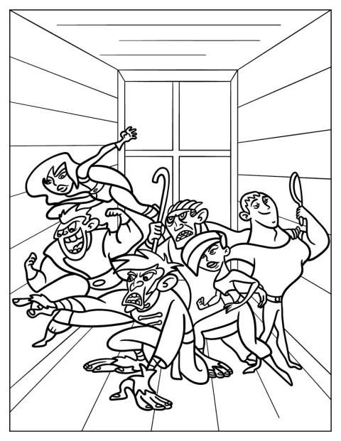 Dr. Drakken, Shego, Monkey Fist, Señor Senior Jr. en andere schurken staan bij elkaar.