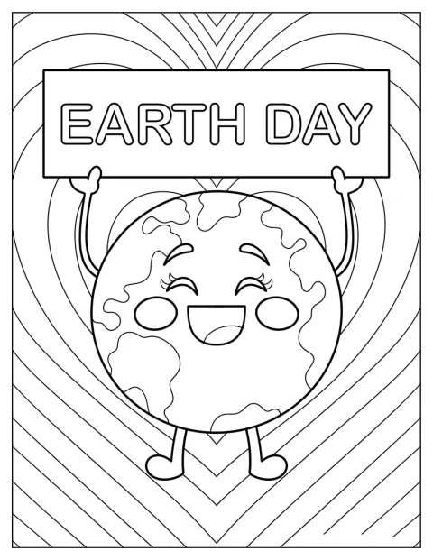 Een cartoonplaneet houdt een banner omhoog voor Earth Day.
