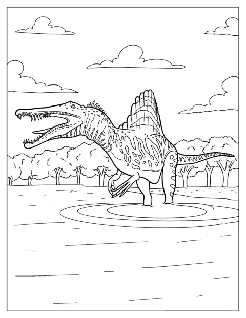 Un espinosaurio avanza por el agua poco profunda.