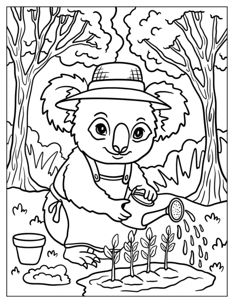 En blid koala vander planter i en have.