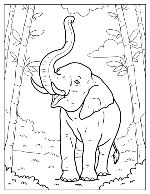 Um elefante sorridente ergue a tromba numa floresta de bambu.