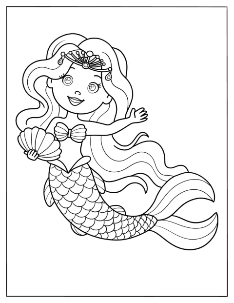 王冠をかぶった人魚姫が、笑顔で手を振っています。