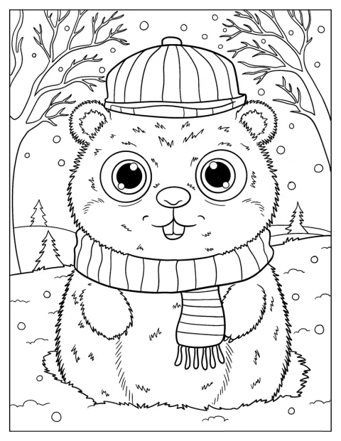 Et lodden murmeldyr med skjerf står ute i vinterkulden.