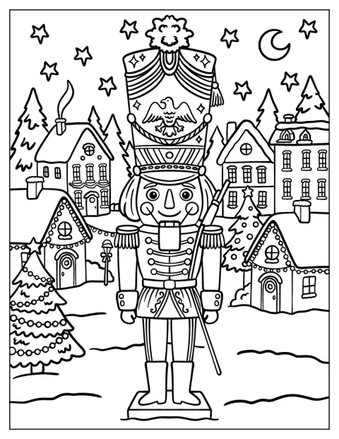 En traditionel nøddeknækker står i en snedækket juleby.