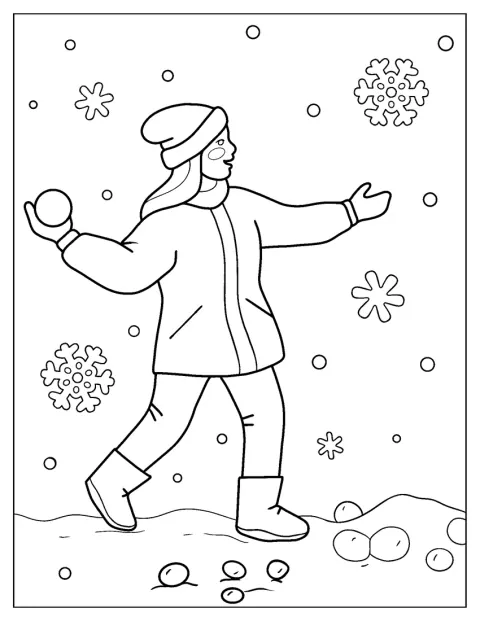 En jente kaster snøballer ute i vinterværet.