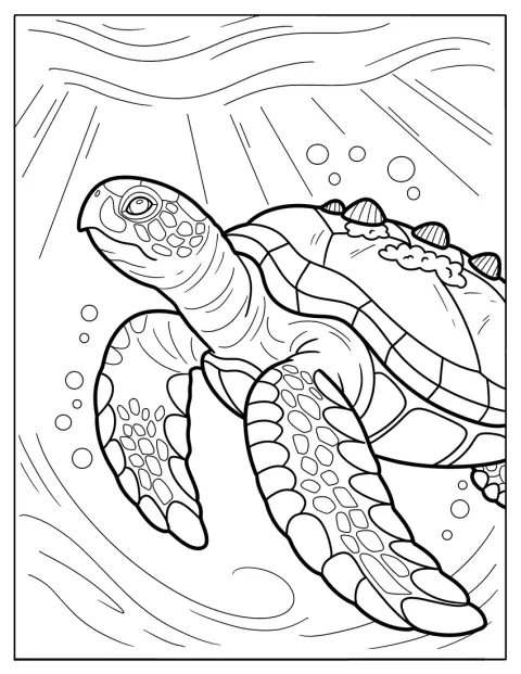 Een zeeschildpad zwemt door het water, omringd door bubbels.