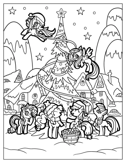 Een pony uit My Little Pony hangt versieringen in een kerstboom.
