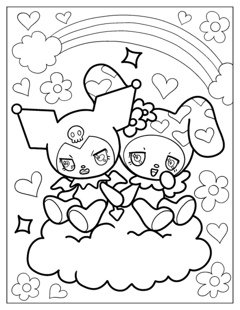 Kuromi och My Melody håller varandra i handen på ett moln.