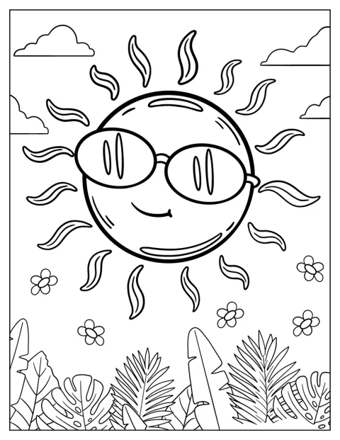 Een zon met zonnebril schijnt boven een weelderige jungle.