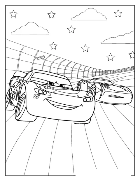 ピクサー映画『カーズ』に登場するNASCARの車が描かれています。