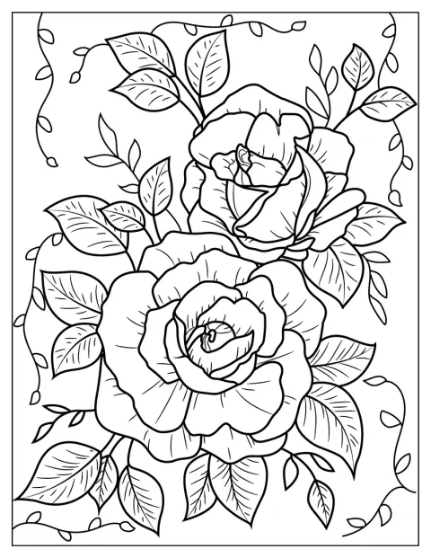 Eine Rose ist von geschwungenen floralen Ornamenten umgeben.