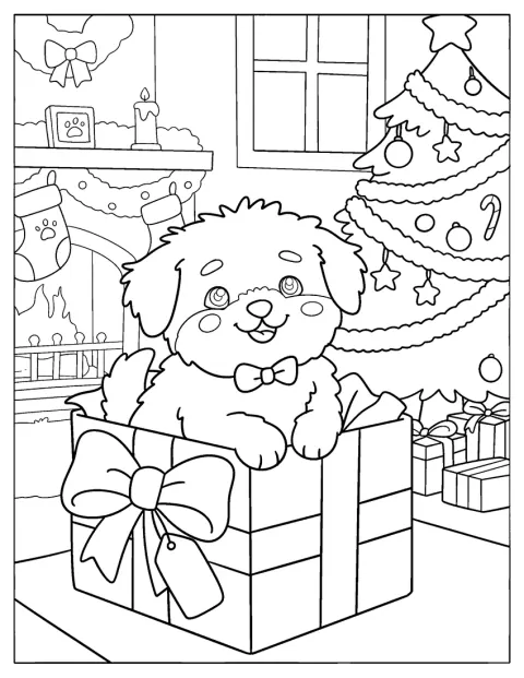 Un cucciolo fa capolino da un pacco accanto all'albero di Natale.
