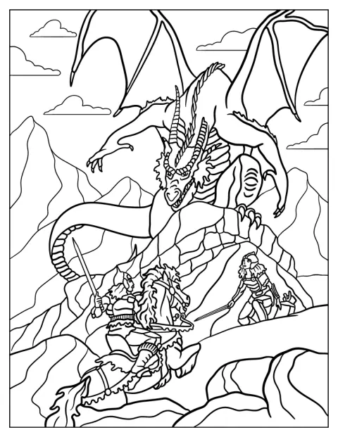 Dos guerreros combaten contra un enorme dragón.